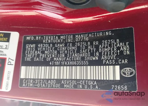 2017 Toyota Camry Xle z USA, uszkodzony, nr VIN 4T1BF1FKXHU635555